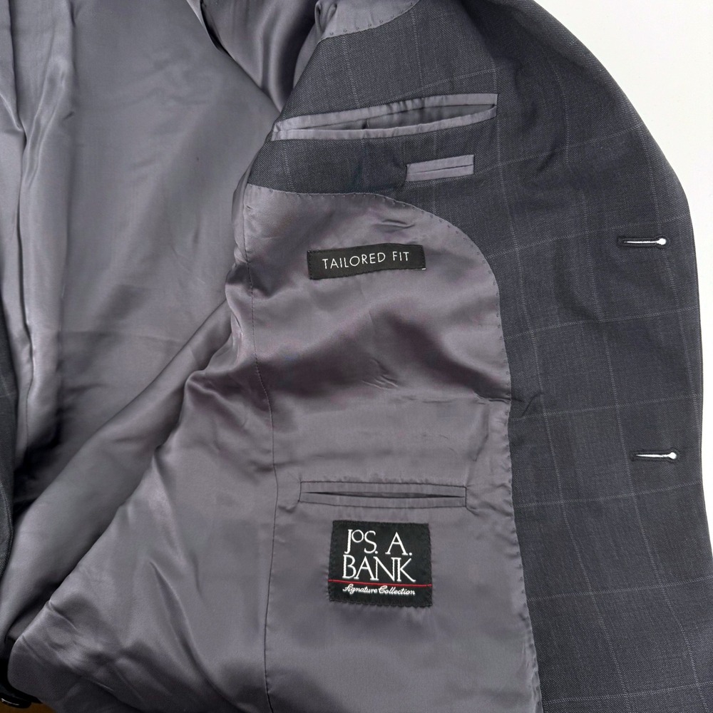 Jos A Bank Blazer Windowpane 40L Charcoal Grey Signature Tailored Fit Wool Plaid - Picture 4 of 7